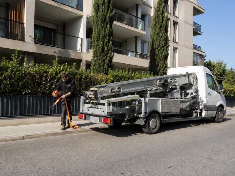 Monte-meuble replie sur sa remorque avant intervention