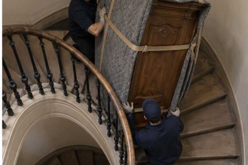 Armoire en chene descendue dans un escalier en colimacon