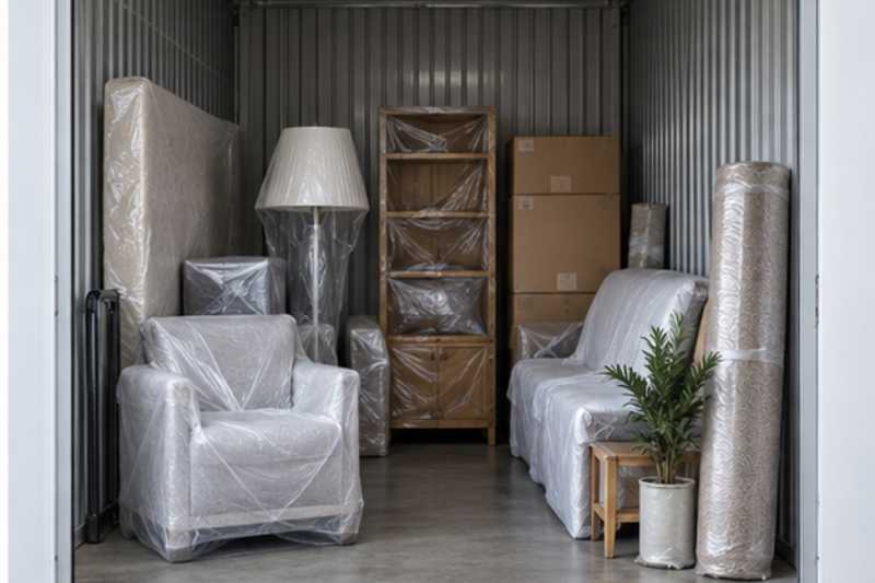 Box de self stockage avec mobilier sous housse range au cordeau