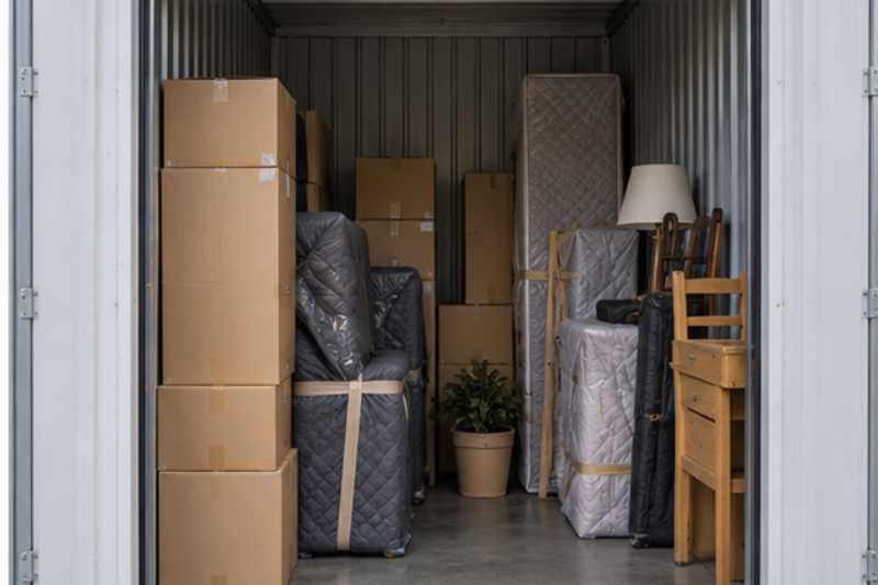 Box de stockage rempli de cartons et de meubles housses