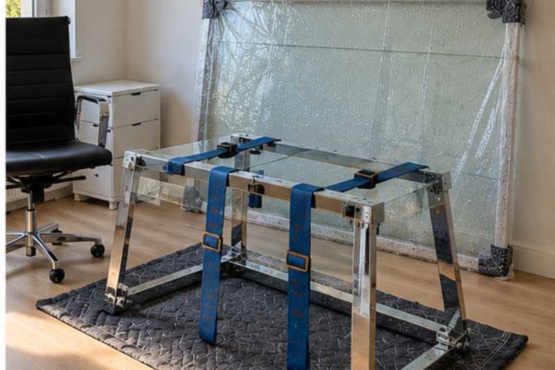 Bureau en verre demonte, plateau protege et pietement sangle