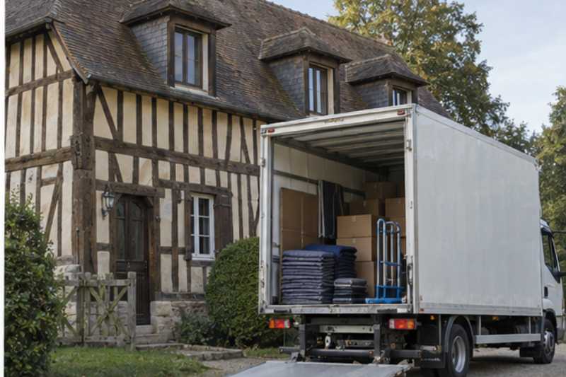 Camion devant une maison a colombages en Normandie