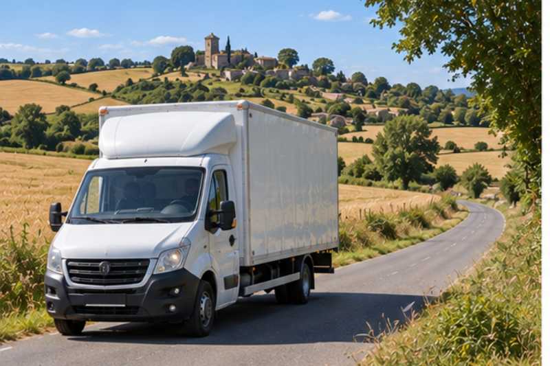 Camion de demenagement sur une route de campagne