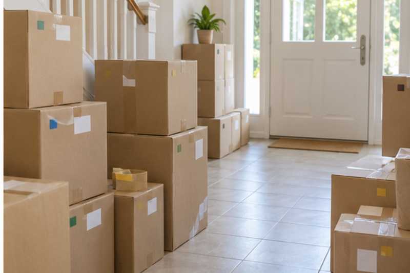 Cartons a livres etiquetes par piece empiles dans une entree