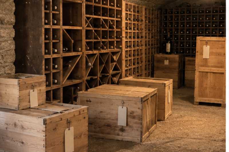 Cave a vin videe et caisses de bouteilles etiquetees