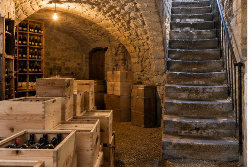 Caisses remontees d une cave voutee par un escalier raide