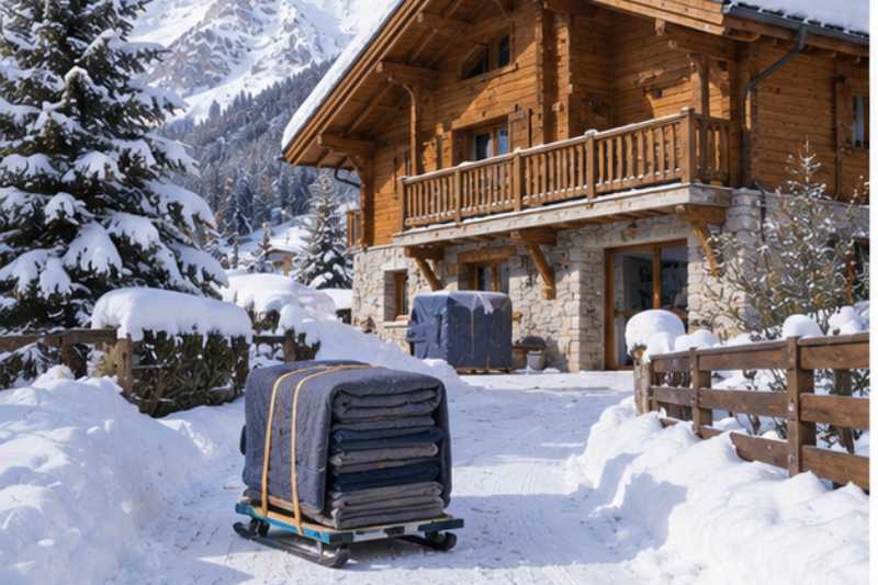 Livraison de mobilier devant un chalet de montagne enneige