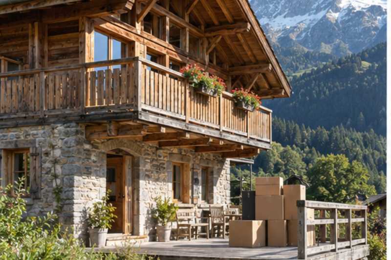 Cartons livres sur la terrasse en bois d un chalet savoyard