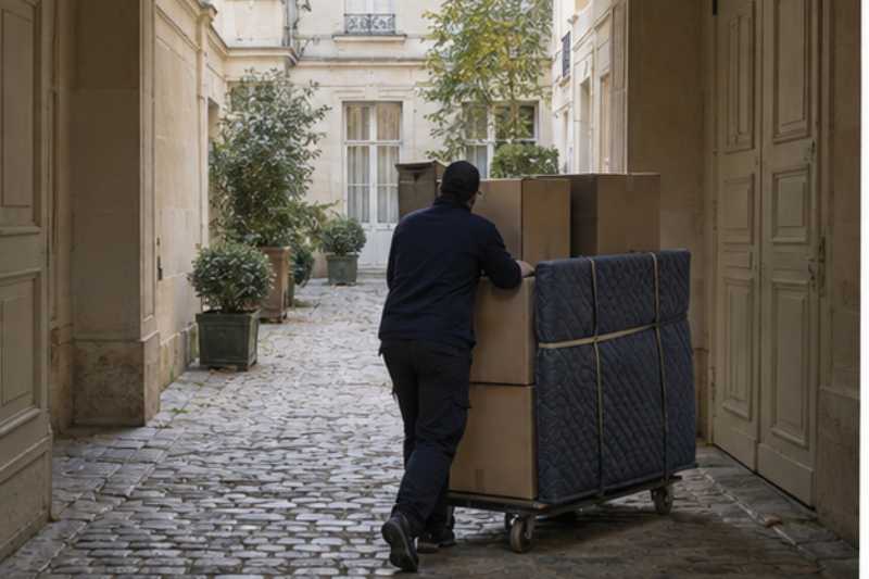 Chariot de cartons dans une cour pavee sous un porche