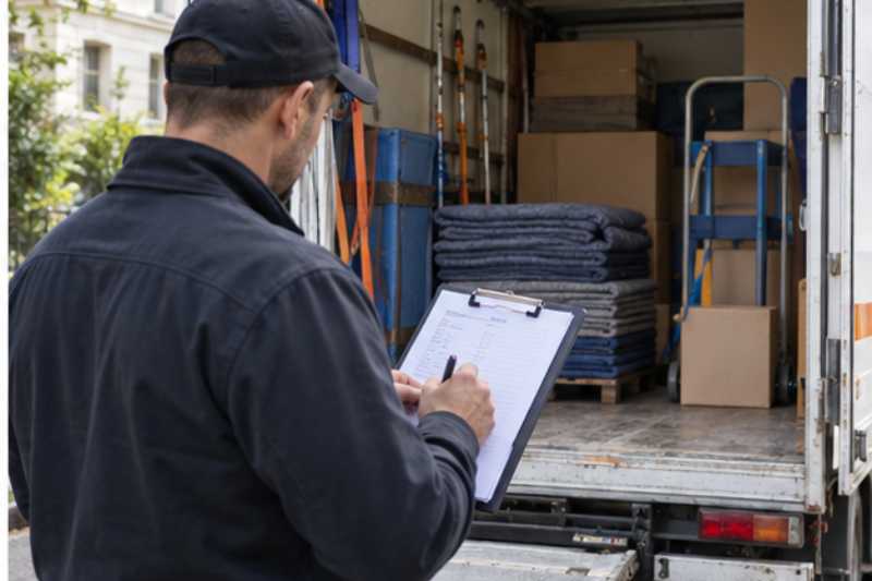 Chef d equipe controlant la liste de chargement devant le camion