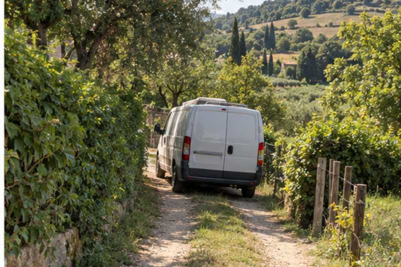 Navette en petit utilitaire sur un chemin de terre en pente