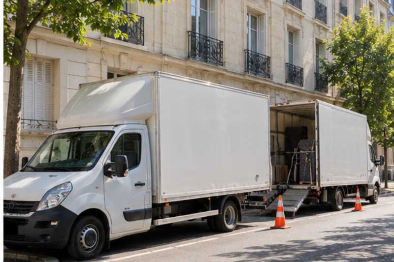 Deux camions de demenagement stationnes en file devant un immeuble