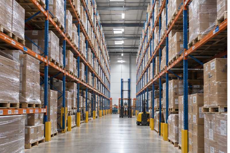 Allee d entrepot avec racks et palettes filmees