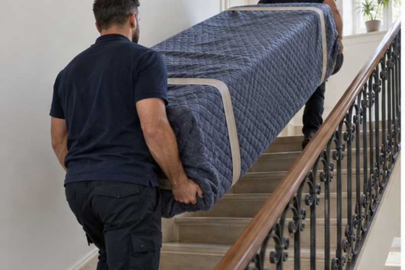 Deux demenageurs portant un canape sous housse dans un escalier