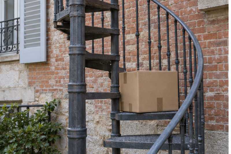 Escalier exterieur en colimacon en fer devant une facade de brique