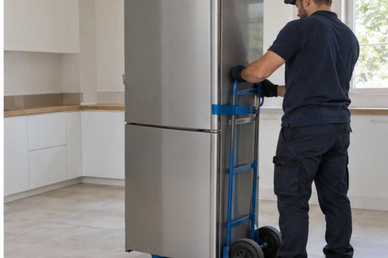 Refrigerateur sangle sur un diable dans une cuisine videe