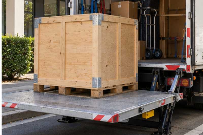 Hayon elevateur en position basse avec une caisse sur palette