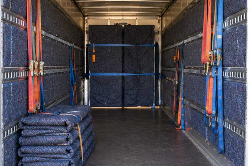 Interieur de camion capitonne avec sangles et couvertures