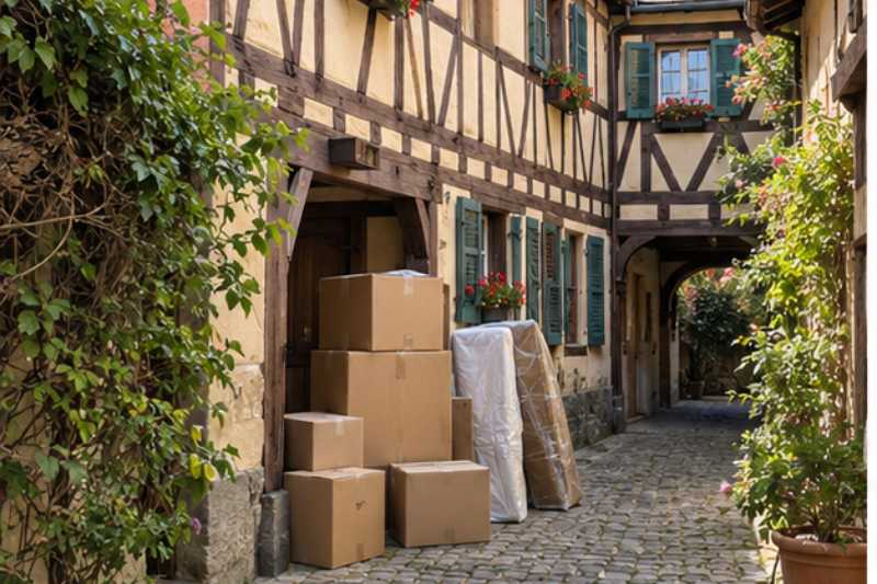 Cartons dans le passage de cour pavee d une maison alsacienne