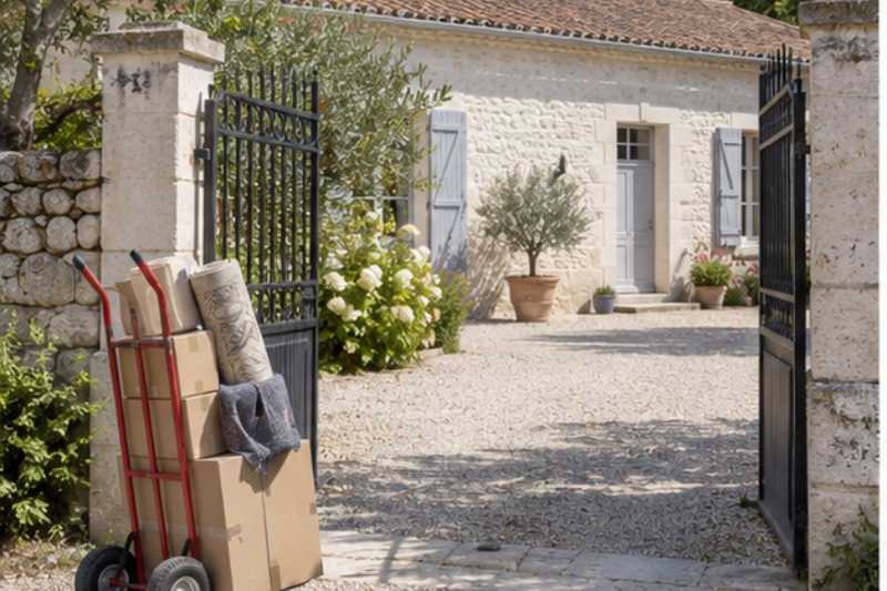 Diable charge devant le portail en fer d une maison charentaise