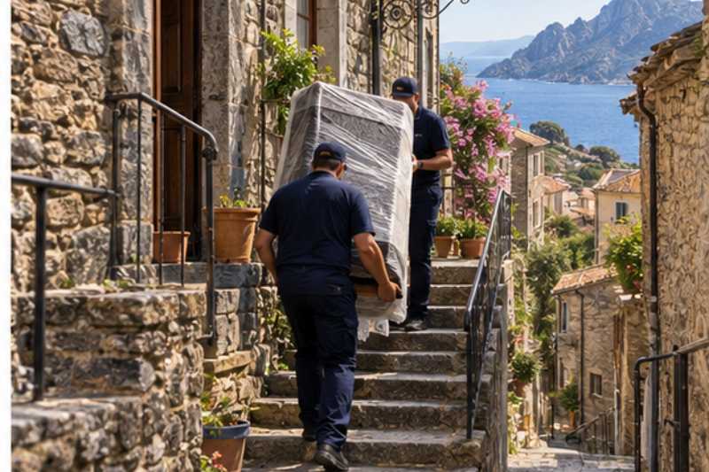 Portage a la main dans une ruelle en escalier devant une maison corse