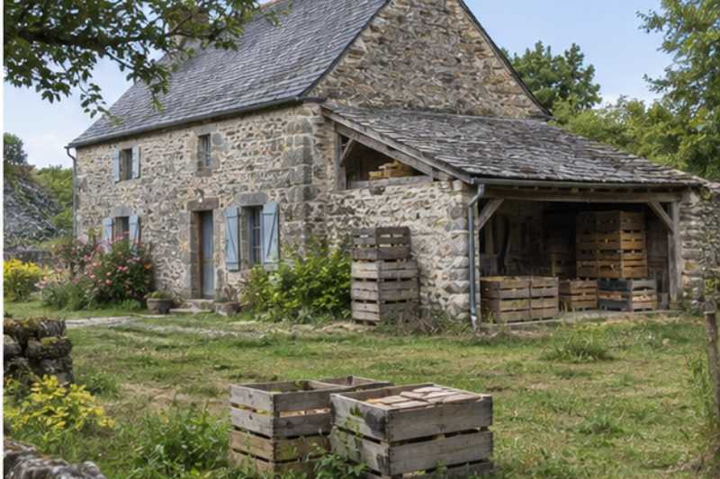 Caisses de bois devant l appentis d une maison creusoise
