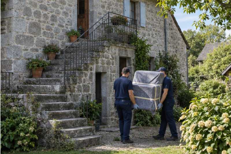Fauteuil sous housse monte par l escalier en pierre d une maison limousine