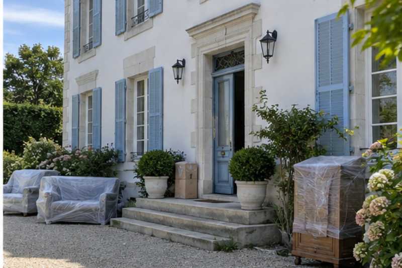 Meubles sous housses devant le perron d une maison de maitre vendeenne
