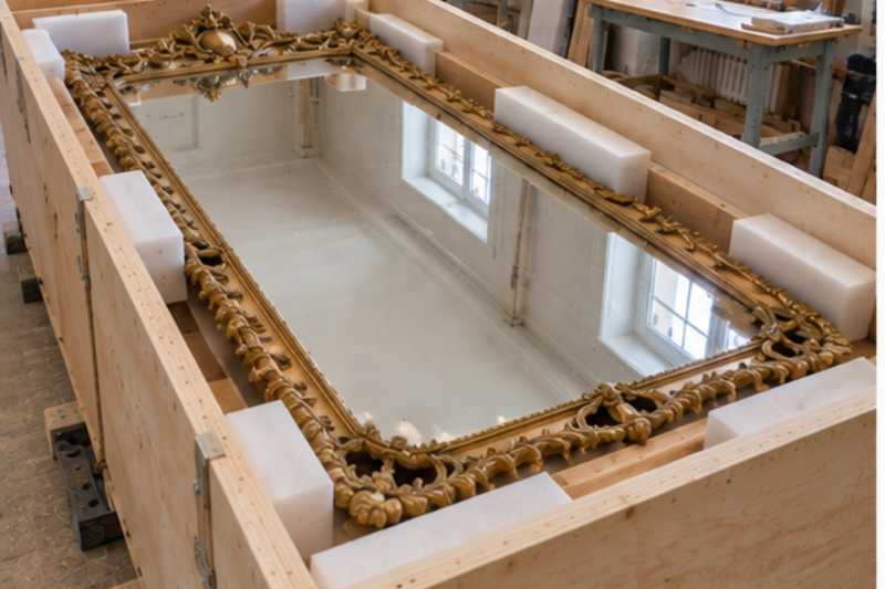 Grand miroir dore cale dans une caisse de bois sur mesure