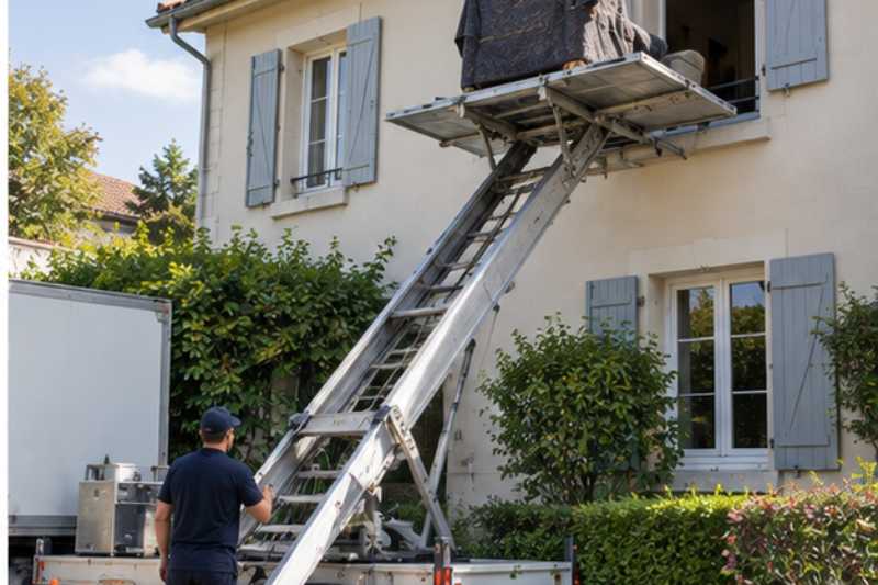 Monte meubles deploye devant un pavillon avec fauteuil sur la plateforme