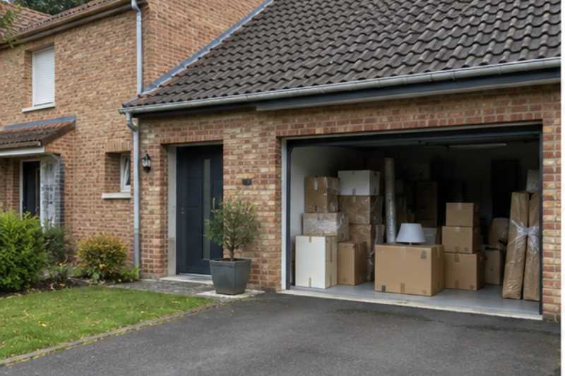 Garage ouvert plein de cartons dans un pavillon en brique