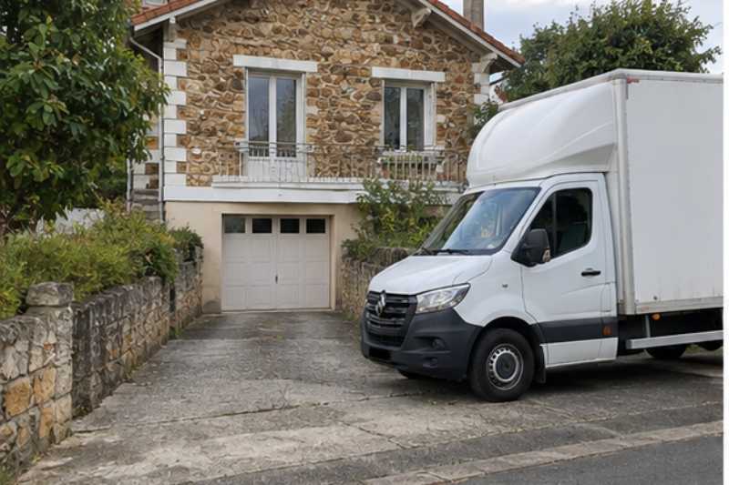 Camion devant un pavillon en meuliere sur une allee betonnee