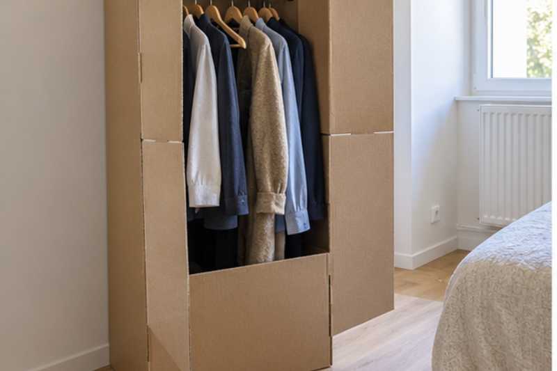 Penderie carton avec vetements sur cintres dans une chambre