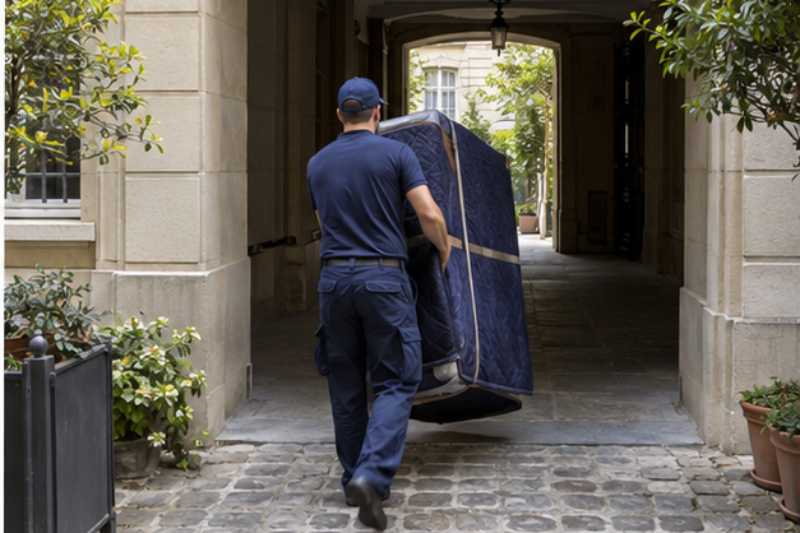 Meuble sous housse passe sous un porche bas dans une cour pavee