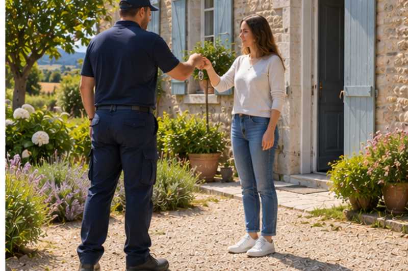 Remise des cles devant une maison de province apres installation