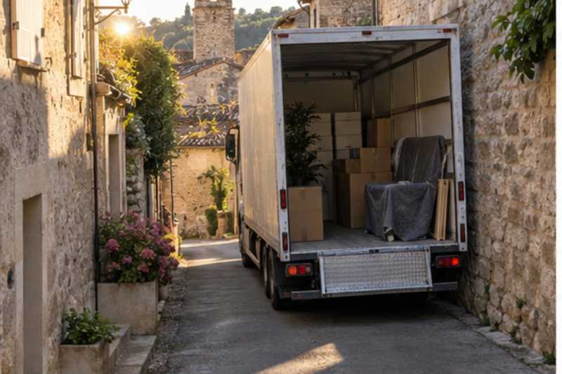 Camion de demenagement stationne dans une rue de village etroite