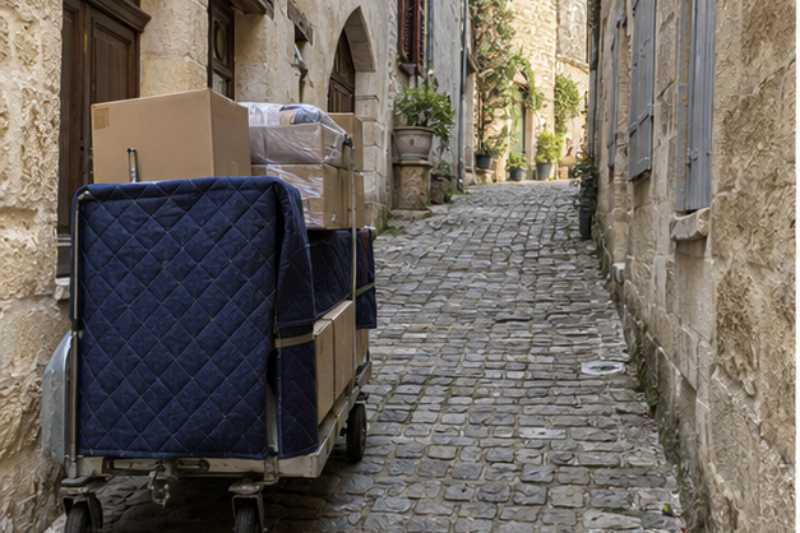 Chariot de cartons dans une ruelle medievale pavee