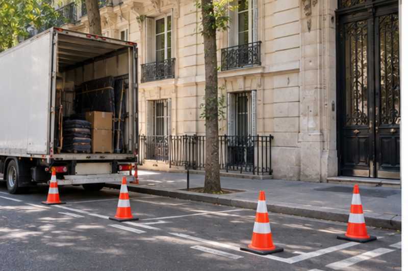 Place de stationnement reservee par des cones devant un immeuble parisien