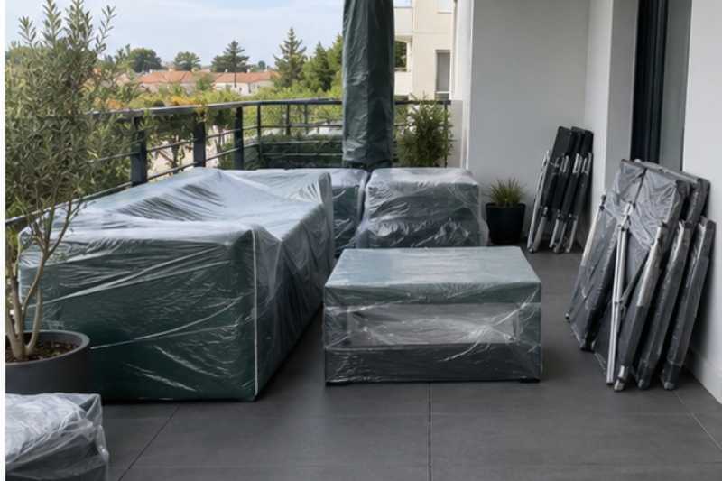 Mobilier de jardin demonte et housse sur une terrasse