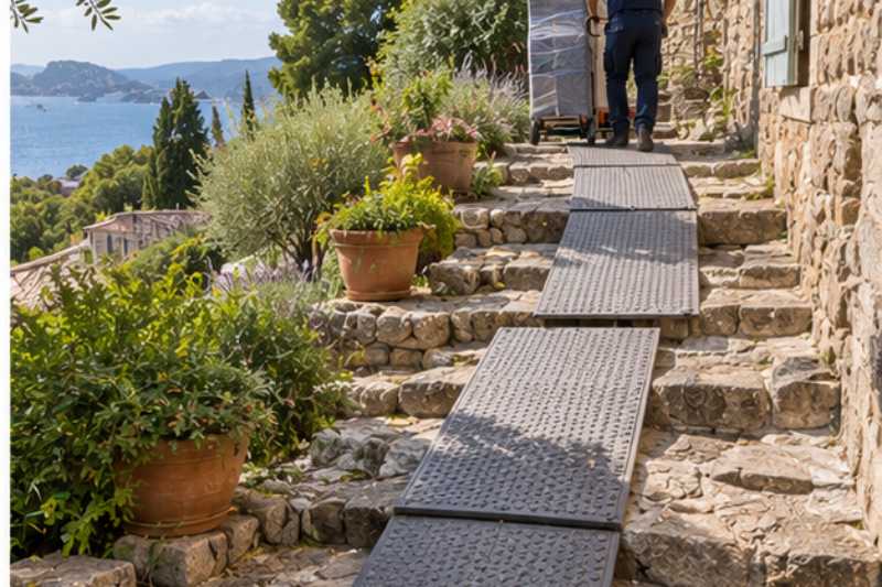 Plaques de roulage posees sur une terrasse en pente