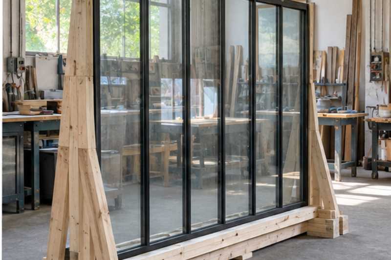 Verriere d atelier calee dans un chevalet de transport en bois