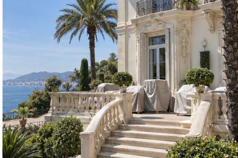 Meubles sous housses sur la terrasse d une villa Belle Epoque
